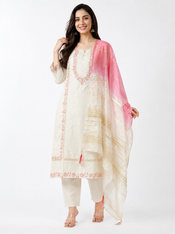 LIBA Women's Ivory & Blush Pink Embroidered Straight Kurti