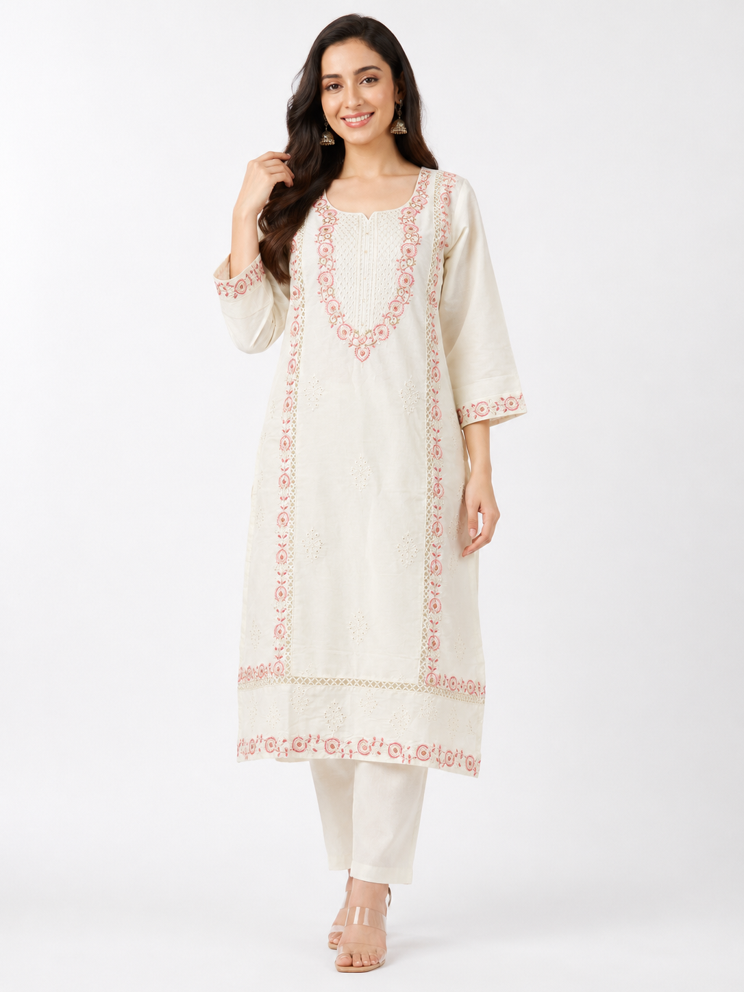 LIBA Women's Ivory & Blush Pink Embroidered Straight Kurti