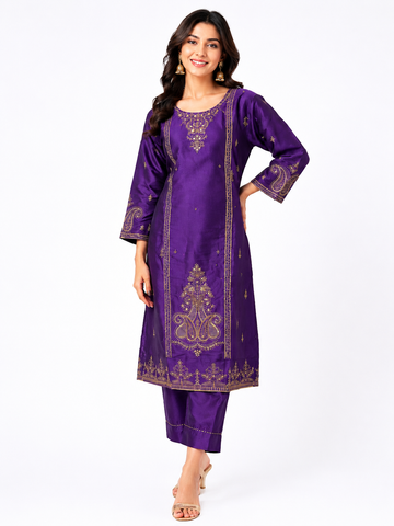 LIBA Women's Royal Purple Embroidered Straight Kurti