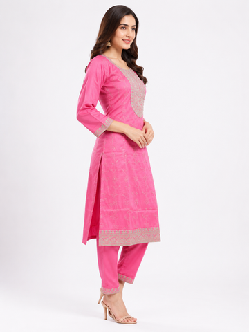 LIBA Women's Hot Pink Embroidered Straight Kurti