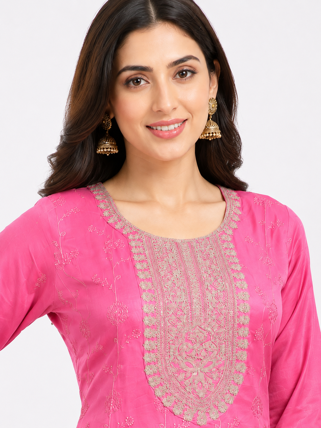 LIBA Women's Hot Pink Embroidered Straight Kurti