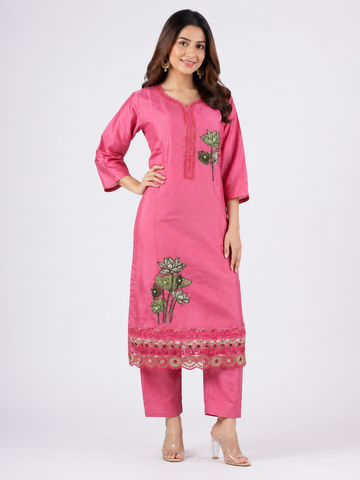 LIBA Women's Rose Pink Floral Embroidered Straight Kurti