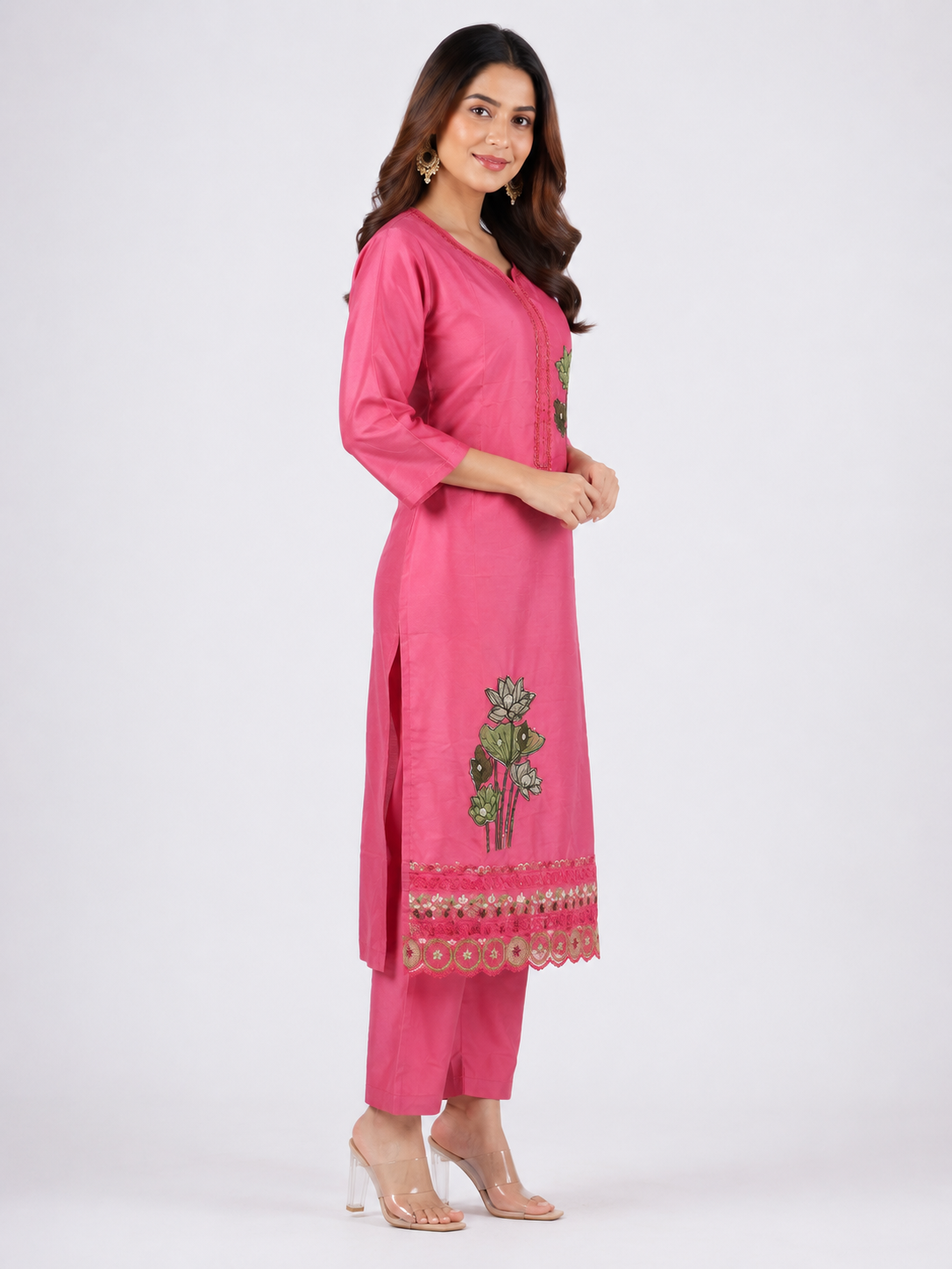 LIBA Women's Rose Pink Floral Embroidered Straight Kurti
