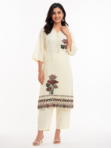 LIBA Women's Ivory Floral Embroidered Straight Kurti