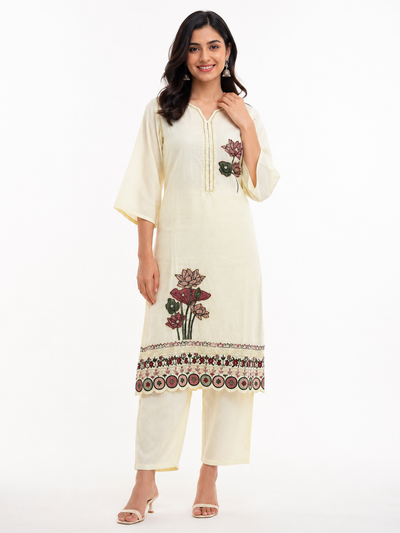 LIBA Women's Ivory Floral Embroidered Straight Kurti
