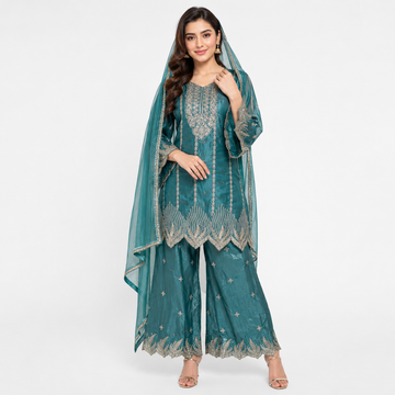 LIBA Women's Teal Embroidered Kurta Set with Dupatta & Palazzo