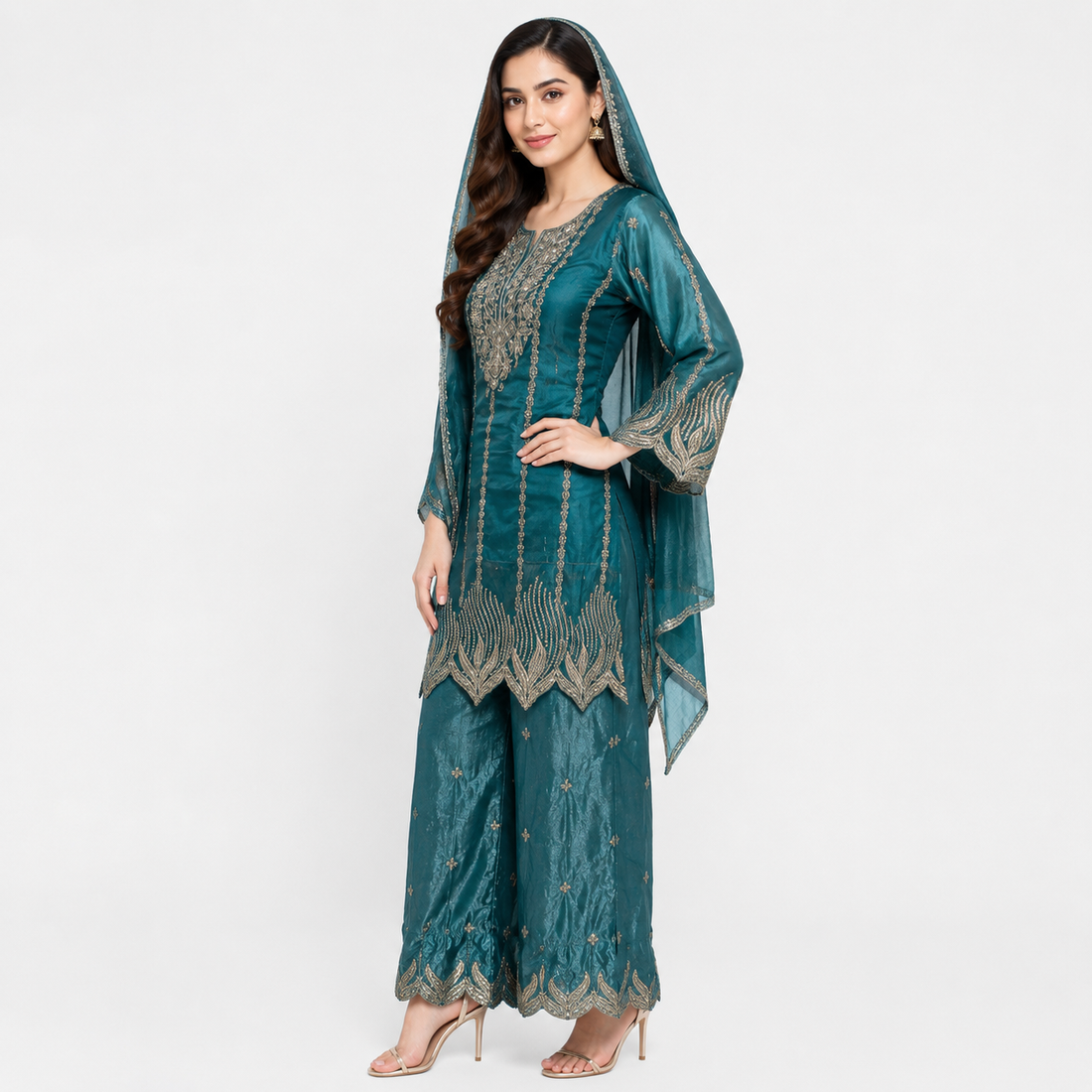 LIBA Women's Teal Embroidered Kurta Set with Dupatta & Palazzo