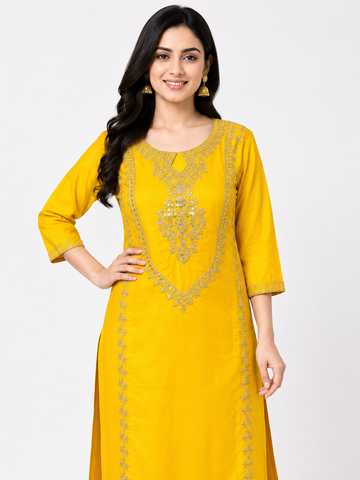 LIBA Women's Mustard Yellow Embroidered Straight Kurti