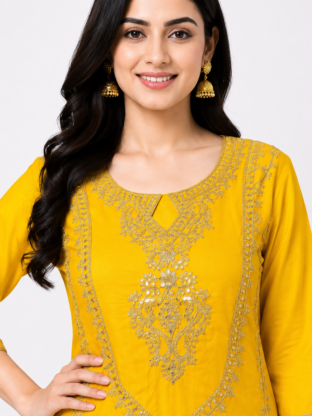 LIBA Women's Mustard Yellow Embroidered Straight Kurti