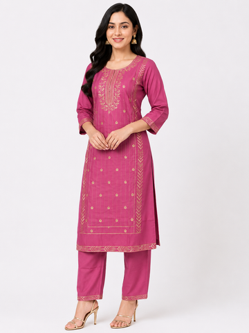 LIBA Women's Rani Pink Embroidered Straight Kurti