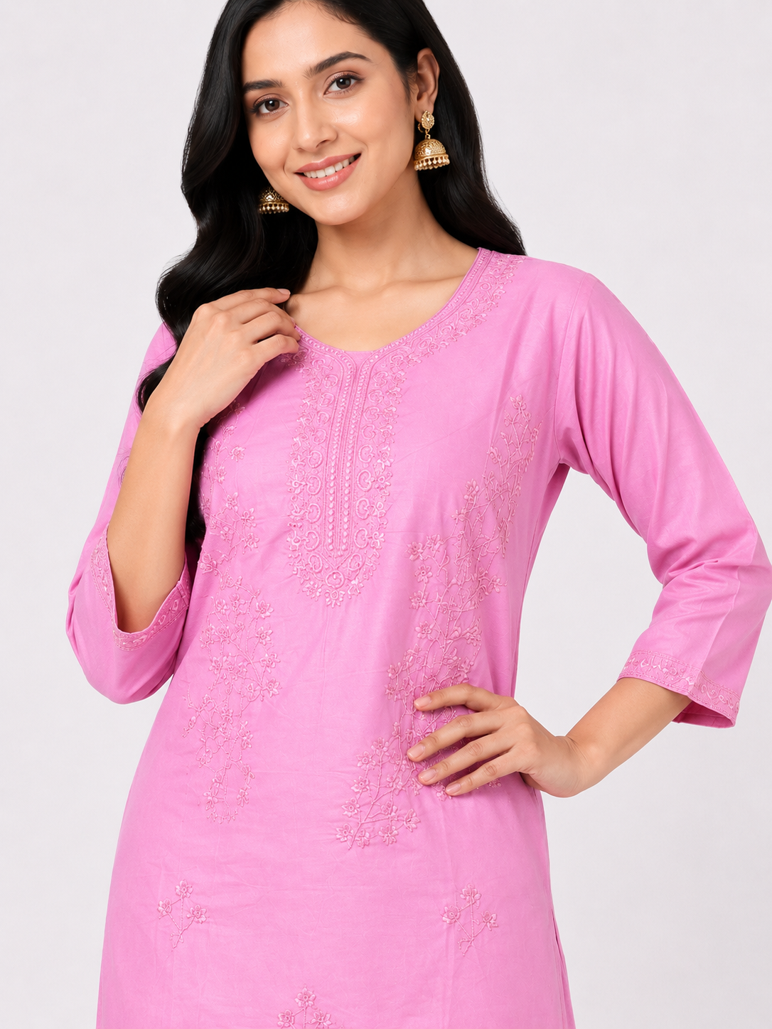 LIBA Women's Blush Pink Embroidered Straight Kurti
