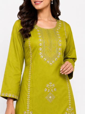 LIBA Women's Lime Green Embroidered Straight Kurti