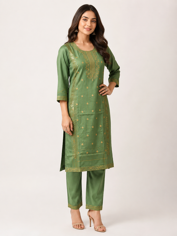 LIBA Women's Sage Green Embroidered Straight Kurti