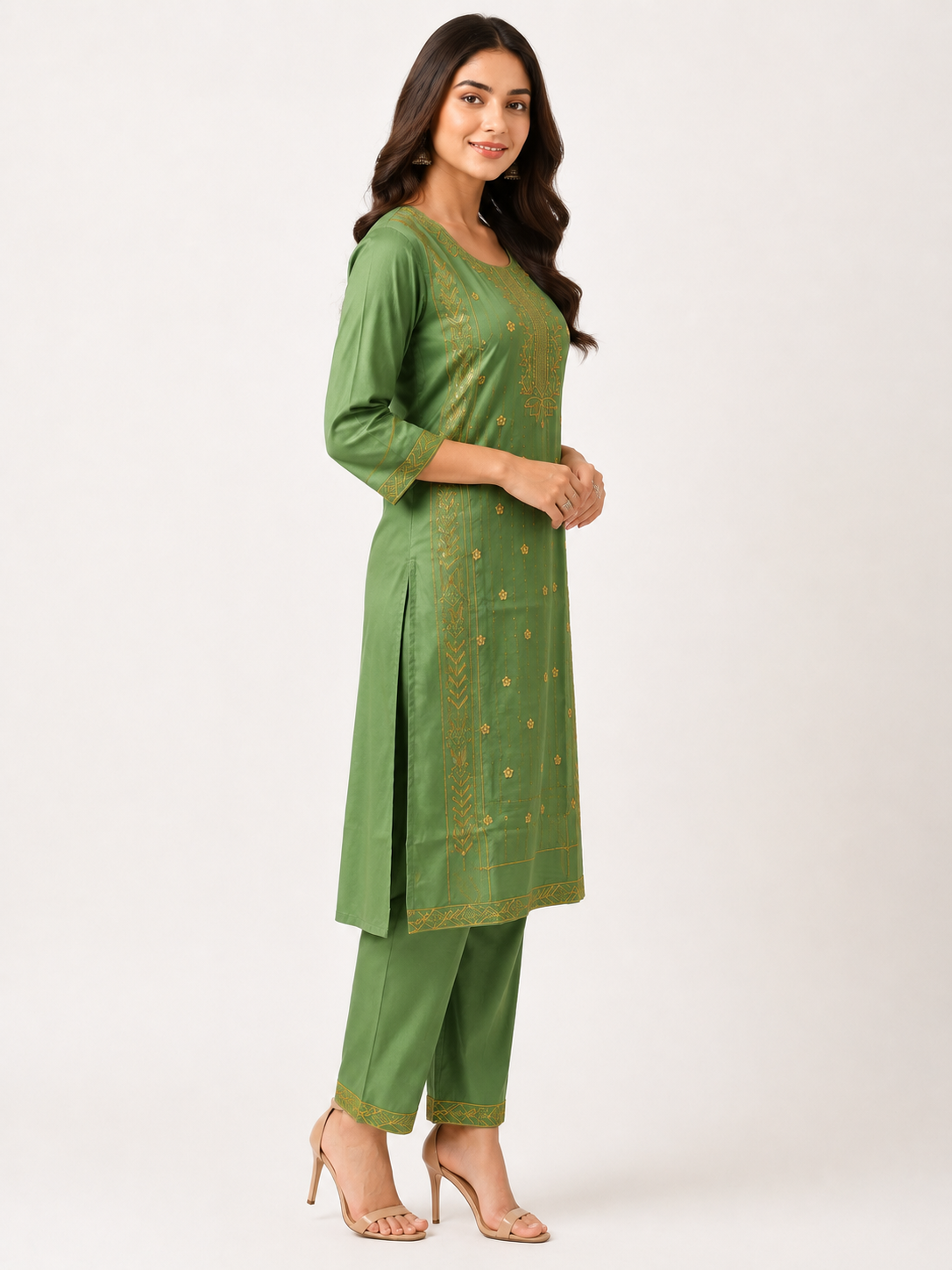 LIBA Women's Sage Green Embroidered Straight Kurti