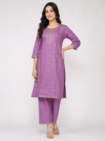 LIBA Women's Lavender Embroidered Straight Kurti