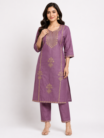 LIBA Women's Mauve Embroidered Straight Kurti
