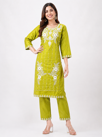 LIBA Women's Olive Green Floral Embroidered Straight Kurti