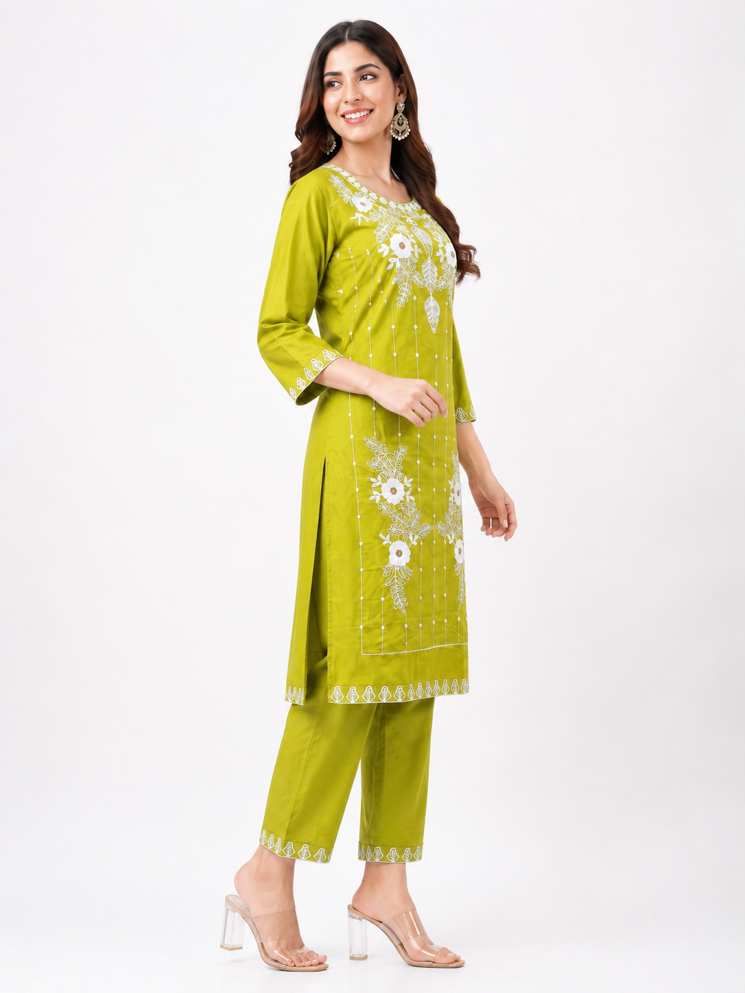 LIBA Women's Olive Green Floral Embroidered Straight Kurti
