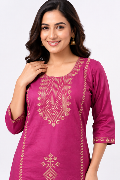 LIBA Women's Fuchsia Pink Embroidered Straight Kurti