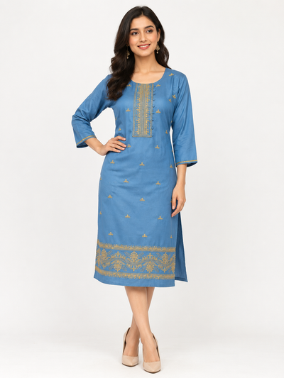 LIBA Women's Dusty Blue Embroidered Straight Kurti