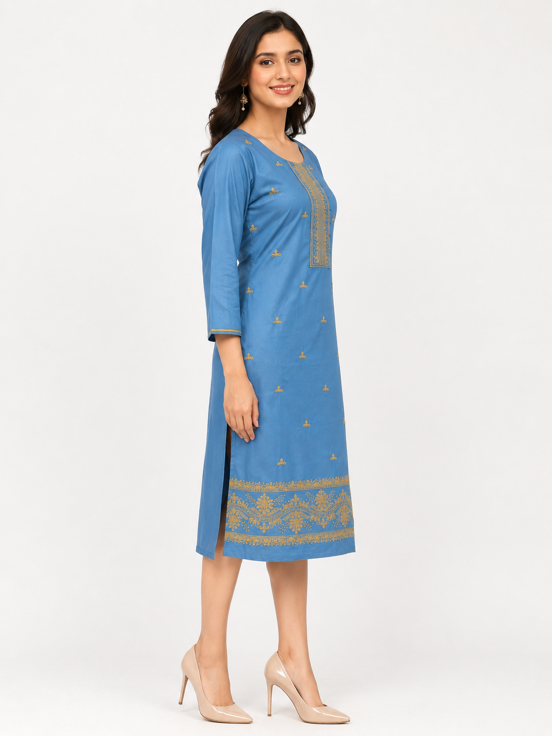 LIBA Women's Dusty Blue Embroidered Straight Kurti