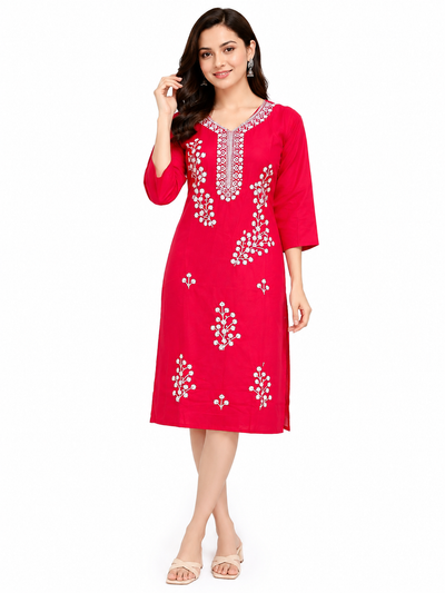 LIBA Women's Ruby Red Floral Embroidered Straight Kurti