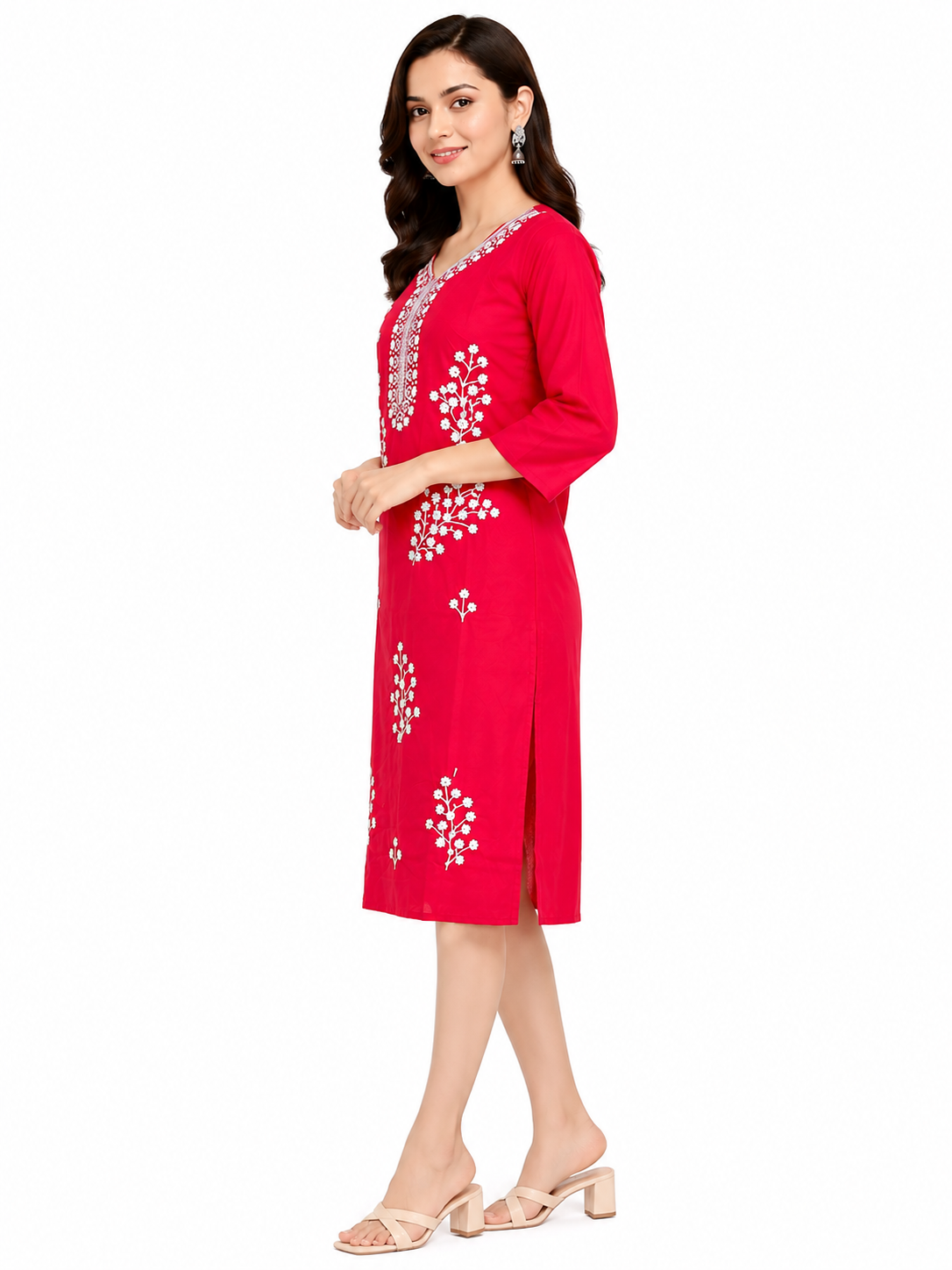 LIBA Women's Ruby Red Floral Embroidered Straight Kurti