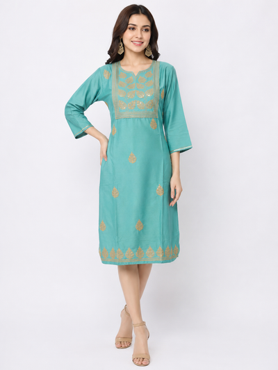 LIBA Women's Aqua Blue Embroidered Straight Kurti
