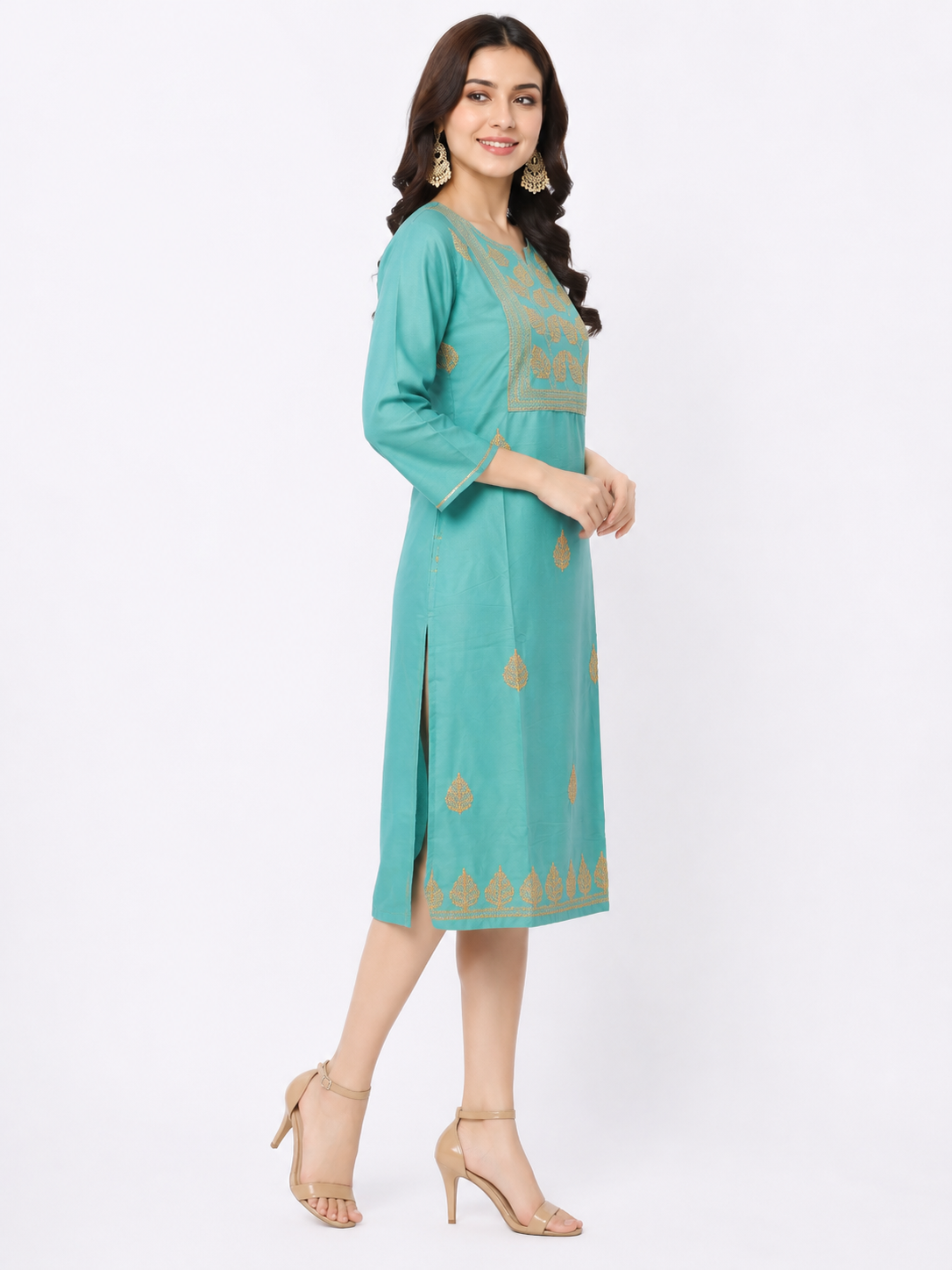 LIBA Women's Aqua Blue Embroidered Straight Kurti